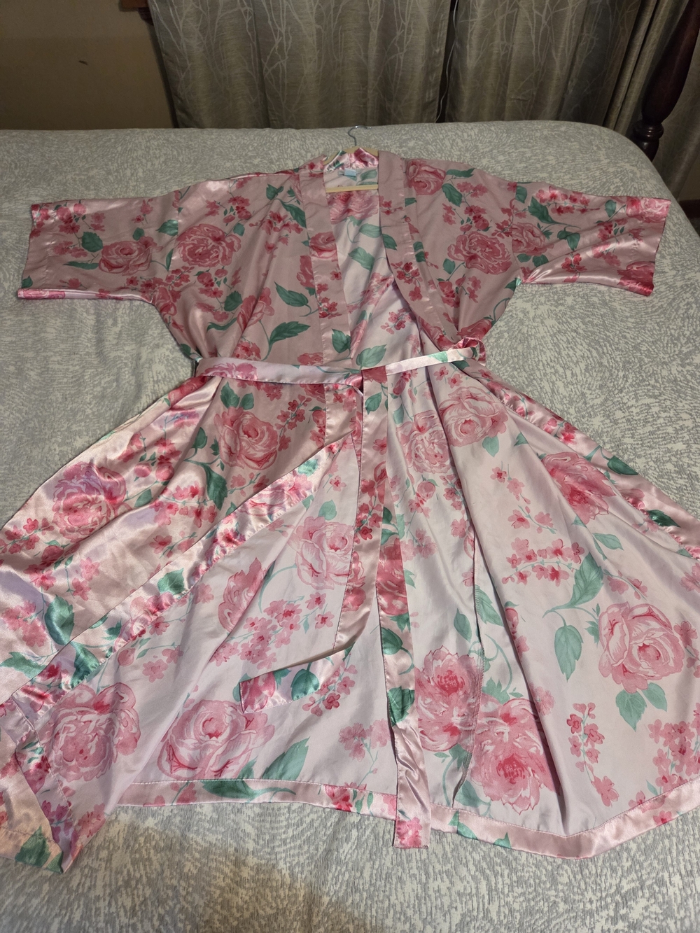 Pink Floral Satin Robe with Belt - Women’s Intimates & Sleepwear - Picture 5 of 13